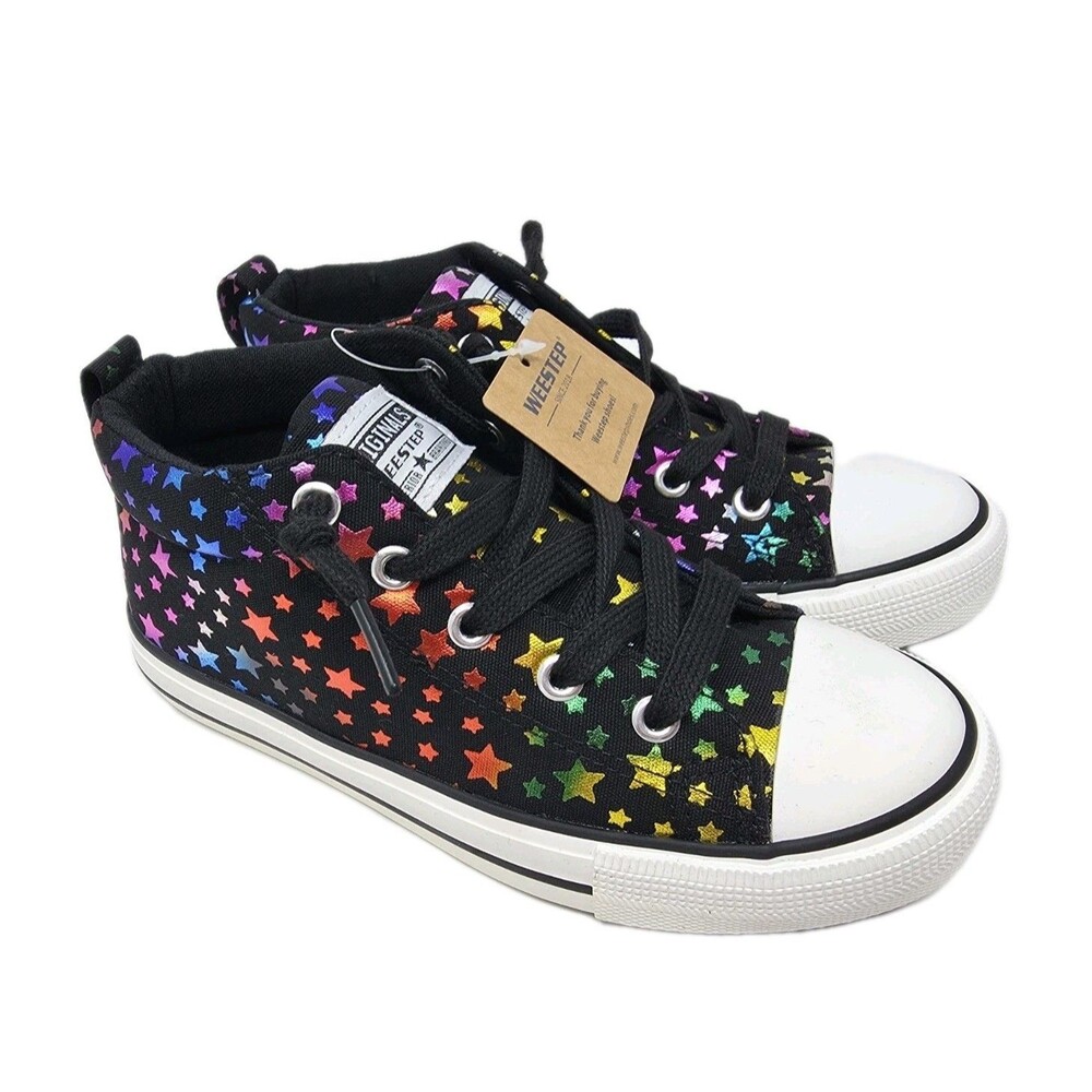 Weestep Kids Metallic Rainbow Star Print High Top Canvas Sneakers Size 1 Black - Picture 3 of 14